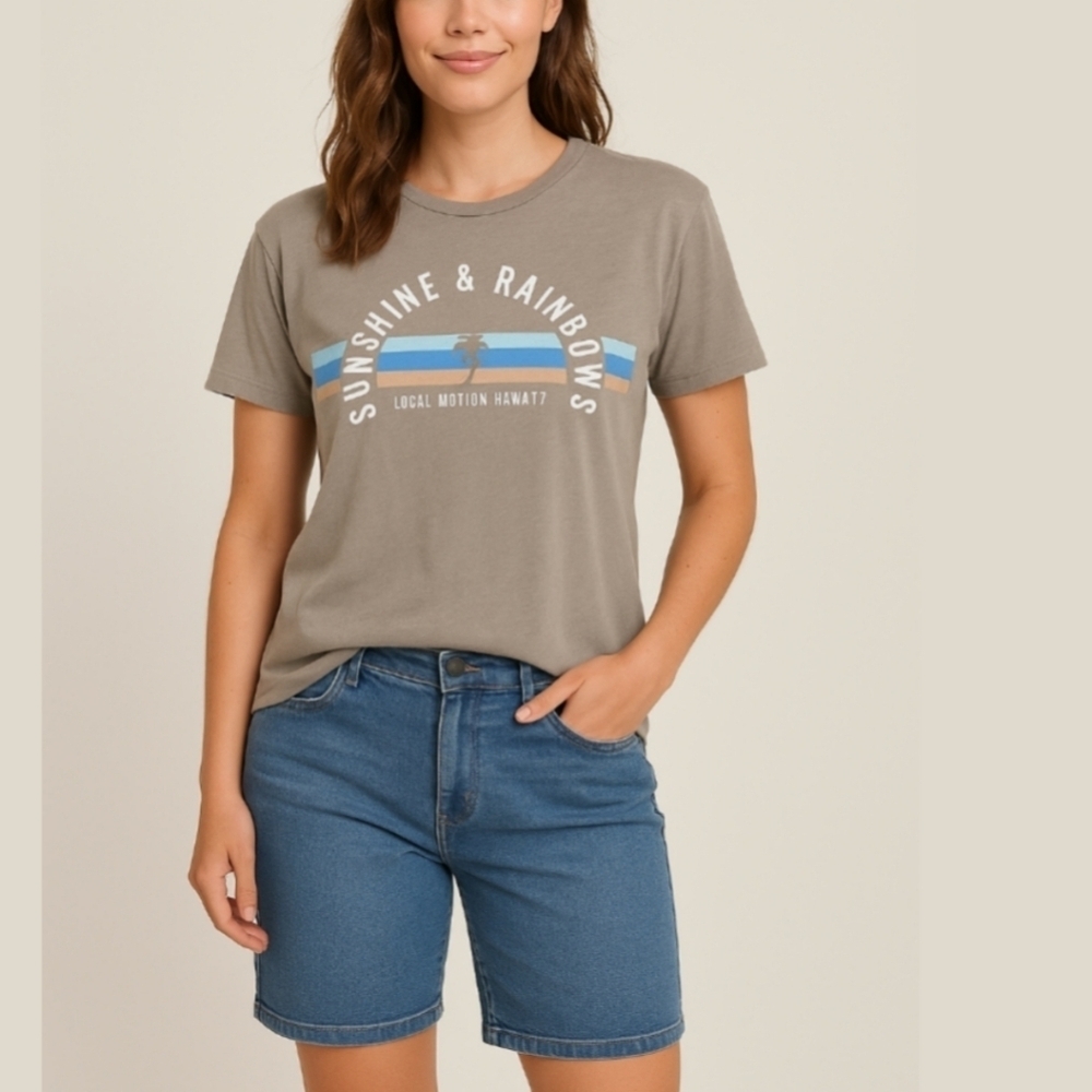 ✨️4/$20 LOCAL MOTION Sunshine & Rainbows Light Sage Grey T-Shirt, Soft Jersey